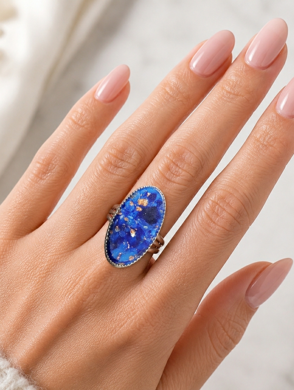 Lapis Lazuli Blue Gold Fleck Oval Statement Ring Size 5